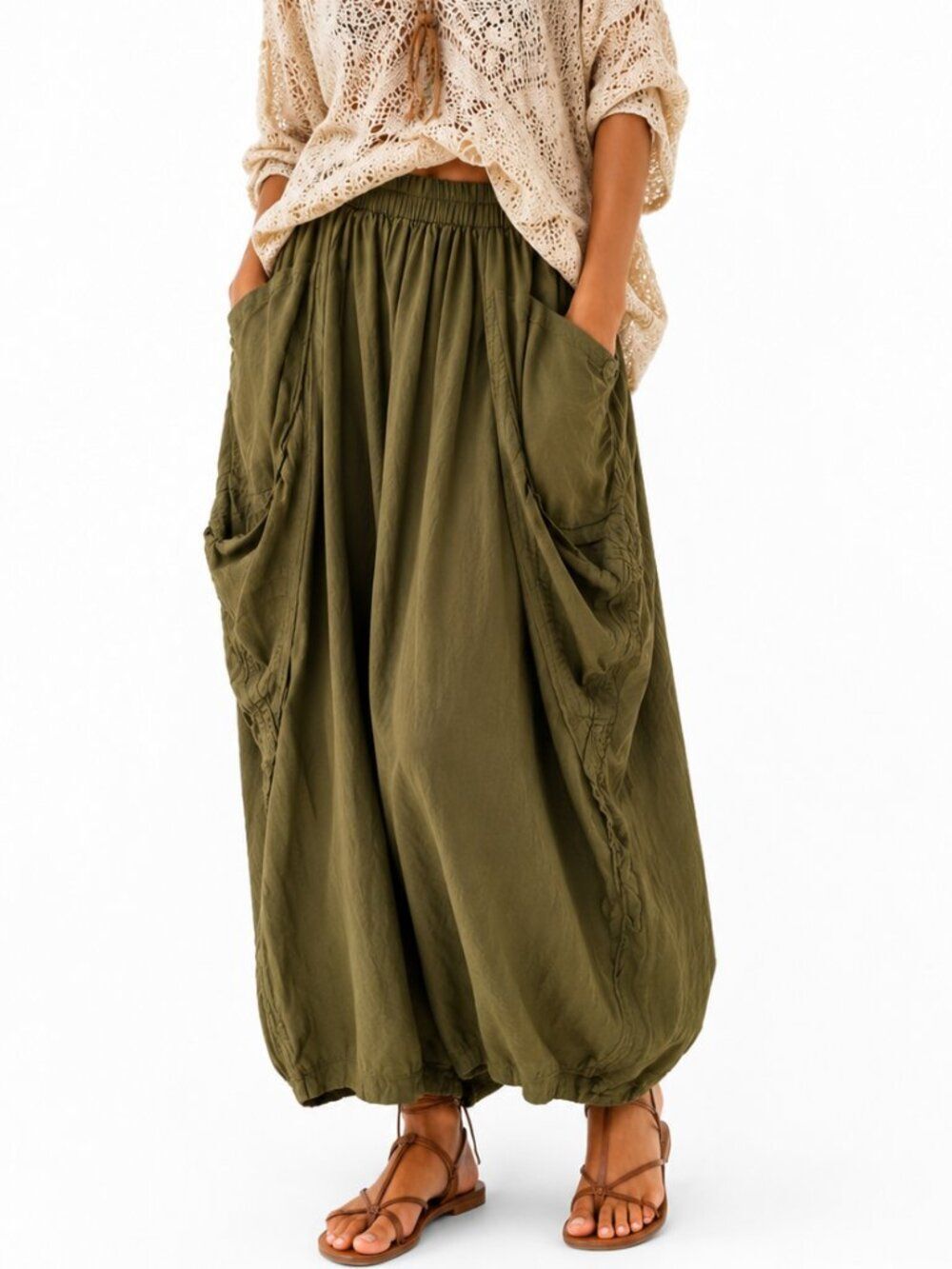 Thaluta 100% Cotton Boho Balloon Pocket Maxi Skirt Olive Green One Size